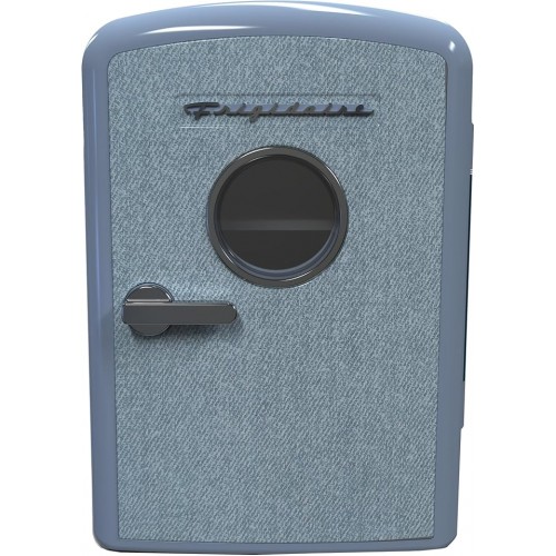 Mini Personal Fridge Cooler, 1 Gal Capacity fits 9 Cans, Includes Plugs for Home Outlet & DC Charger - 9.84" D x 7.09" W x 10.35" H, Light Washed Denim Fabric Door Mini Personal Fridge Cooler, 1 Gal Capacity fits 9 Cans, Includes Plugs for Home Outlet & DC Charger - 9.84" D x 7.09" W x 10.35" H, Light Washed Denim Fabric Door