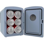 Mini Personal Fridge Cooler, 1 Gal Capacity fits 9 Cans, Includes Plugs for Home Outlet & DC Charger - 9.84" D x 7.09" W x 10.35" H, Light Washed Denim Fabric Door Mini Personal Fridge Cooler, 1 Gal Capacity fits 9 Cans, Includes Plugs for Home Outlet & DC Charger - 9.84" D x 7.09" W x 10.35" H, Light Washed Denim Fabric Door